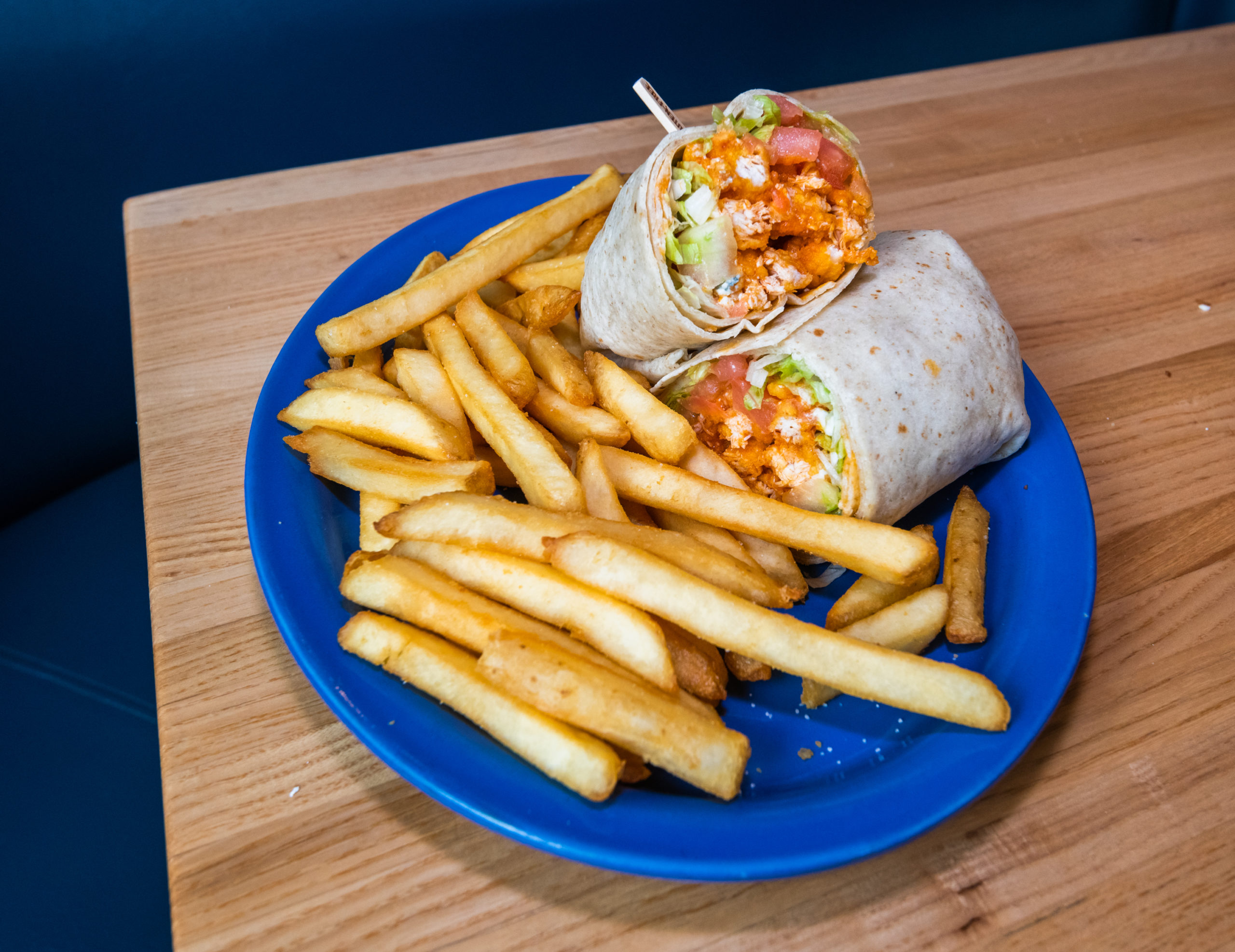 gluten free buffalo chicken wrap with french fries, the cabin restaurant